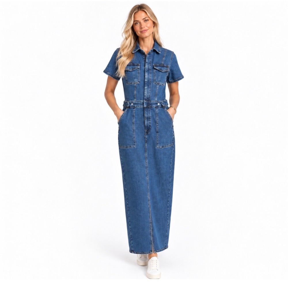 NWT Good American Fit For Success Maxi Dress Indigo594 Medium Short Sleeve Denim
